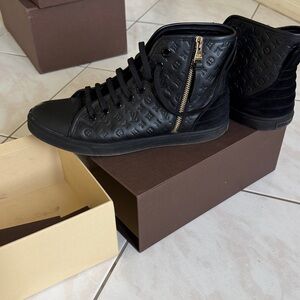 Louis Vuitton Black Monogram High-Top Sneakers with Gold Zipper